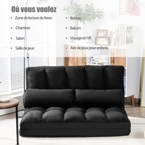 Canapé Convertible 2 Places 113 X 180 Cm Dossier Réglable à 6 Positions Housse Noir