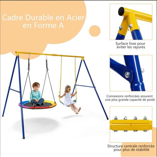 Portique De Balançoire En Métal, 260 X 182 X 182 Cm, Avec 2 Balançoires Réglables