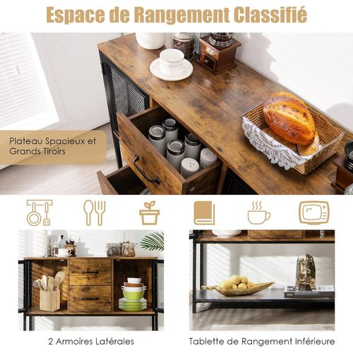Meuble De Rangement, Buffet Industriel Avec 2 Placards, 2 Tiroirs Coulissants Et Etagère Inférieure
