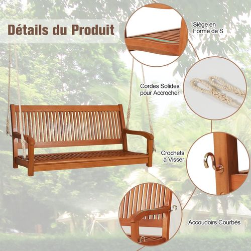 Banc Suspendu 2 Places Balancelle Siège De Balançoire De Jardin En Eucalyptus 126 X 62 X 60 Cm