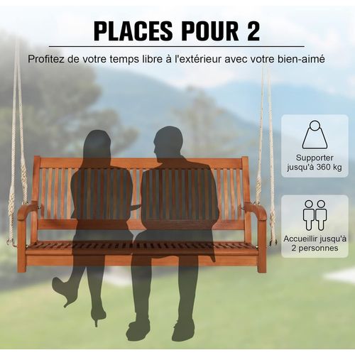 Banc Suspendu 2 Places Balancelle Siège De Balançoire De Jardin En Eucalyptus 126 X 62 X 60 Cm