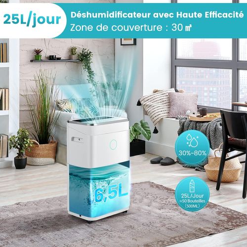 Déshumidificateur 25l/jour Réservoir D'eau 6,5l Minuterie 24h 2 Modes 2 Vitesses