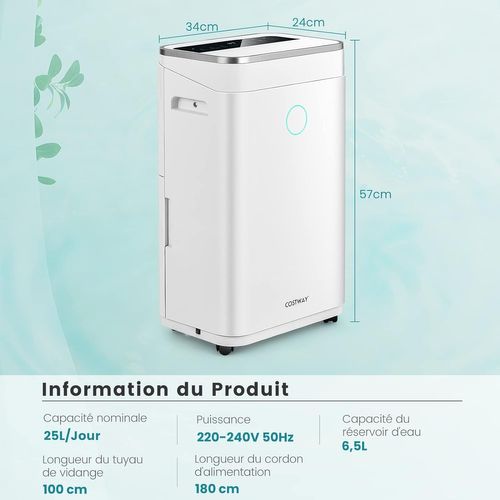 Déshumidificateur 25l/jour Réservoir D'eau 6,5l Minuterie 24h 2 Modes 2 Vitesses