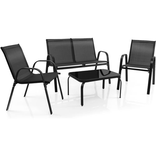 Ensemble Salon De Jardin 4 Pièces, 2 Fauteuils 1 Canapé 1 Table Basse En Verre, Gris