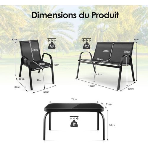 Ensemble Salon De Jardin 4 Pièces, 2 Fauteuils 1 Canapé 1 Table Basse En Verre, Gris