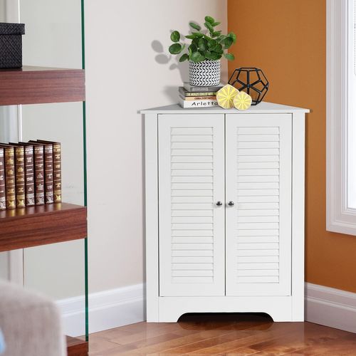 Armoire D'angle, Meuble De Rangement 63x32x81,5 Cm, 2 Portes à Volet Et Étagère Réglable, Blanc