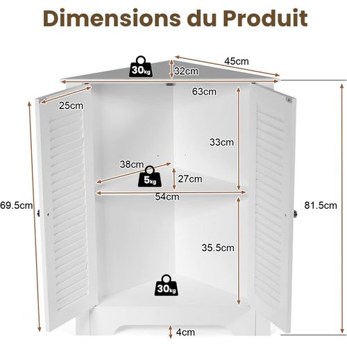 Armoire D'angle, Meuble De Rangement 63x32x81,5 Cm, 2 Portes à Volet Et Étagère Réglable, Blanc