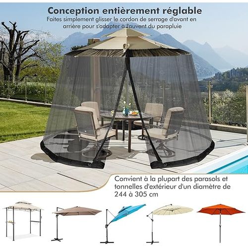 Moustiquaire Pour Parasol En Polyester,2 Portes à Double Zipper, Compatible Ø 2.5-3 M,noir