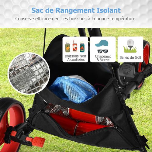 Chariot De Golf Pliable à 3 Roues Sangle Elastique, Porte-parasol Réglable Et Porte-gobelet, Rouge