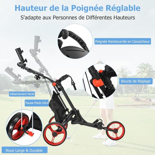 Chariot De Golf Pliable à 3 Roues Sangle Elastique, Porte-parasol Réglable Et Porte-gobelet, Rouge