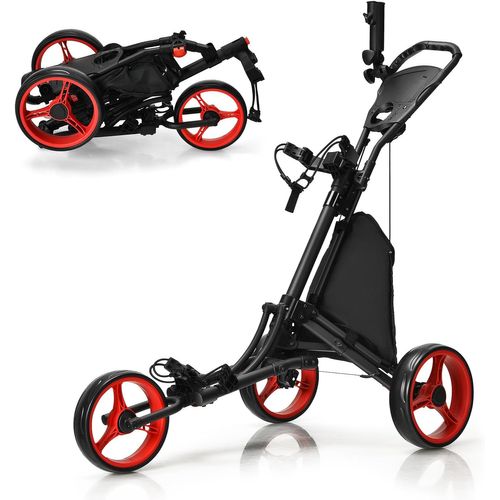 Chariot De Golf Pliable à 3 Roues Sangle Elastique, Porte-parasol Réglable Et Porte-gobelet, Rouge