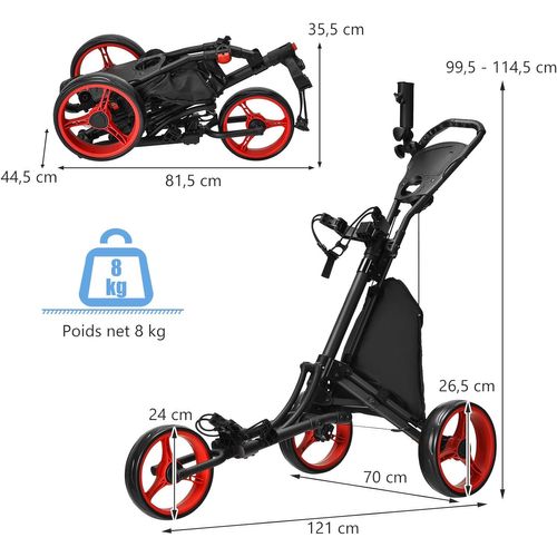Chariot De Golf Pliable à 3 Roues Sangle Elastique, Porte-parasol Réglable Et Porte-gobelet, Rouge