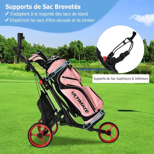 Chariot De Golf Pliable à 3 Roues Sangle Elastique, Porte-parasol Réglable Et Porte-gobelet, Rouge