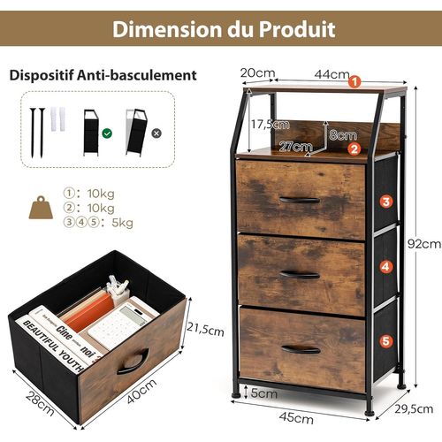 Meuble De Rangement à 3 Tiroirs, Avec Étagère Supérieure Et 3 Tiroirs Amovibles, Marron Rustique