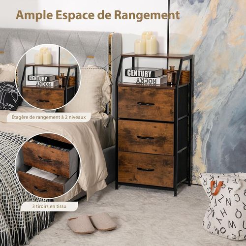 Meuble De Rangement à 3 Tiroirs, Avec Étagère Supérieure Et 3 Tiroirs Amovibles, Marron Rustique