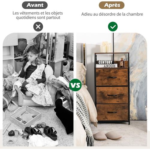 Meuble De Rangement à 3 Tiroirs, Avec Étagère Supérieure Et 3 Tiroirs Amovibles, Marron Rustique