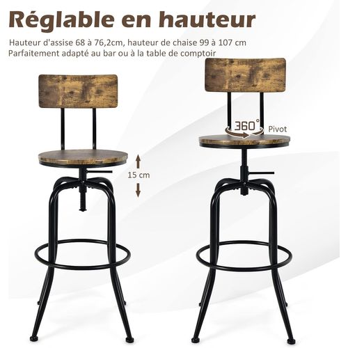 Lot De 2 Tabourets De Bar Hauteur Réglable De 69 à 76 Cm Avec Dossier Et Repose-pieds