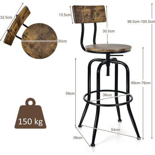 Lot De 2 Tabourets De Bar Hauteur Réglable De 69 à 76 Cm Avec Dossier Et Repose-pieds