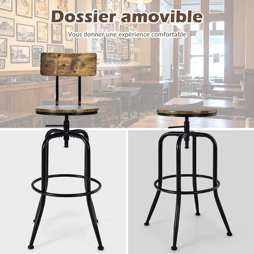 Lot De 2 Tabourets De Bar Hauteur Réglable De 69 à 76 Cm Avec Dossier Et Repose-pieds
