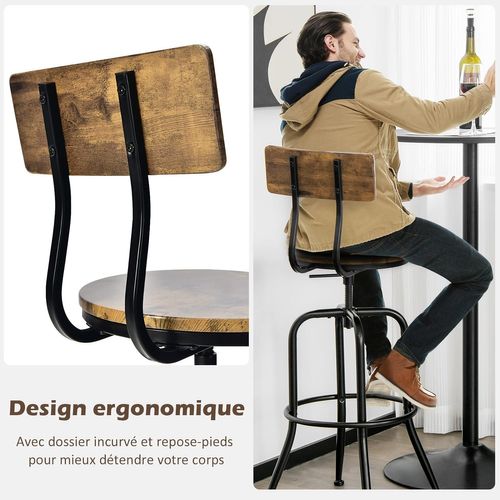 Lot De 2 Tabourets De Bar Hauteur Réglable De 69 à 76 Cm Avec Dossier Et Repose-pieds