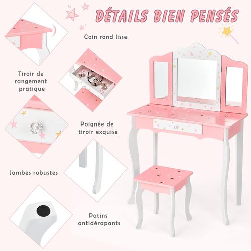 Coiffeuse Avec Tabouret Pour Enfants Avec Miroir Pliable à 3 Pans, Tiroir Et Motifs Étoiles, Rose