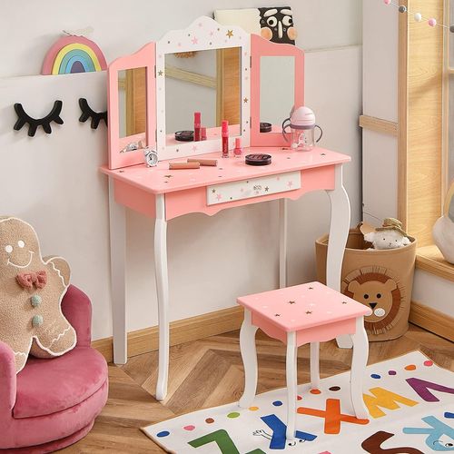 Coiffeuse Avec Tabouret Pour Enfants Avec Miroir Pliable à 3 Pans, Tiroir Et Motifs Étoiles, Rose