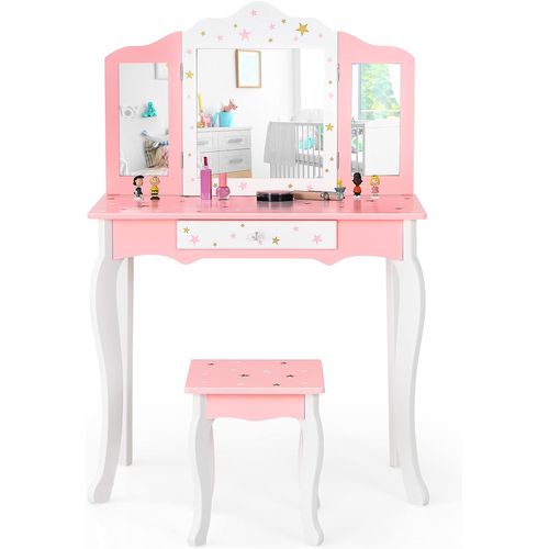 Coiffeuse Avec Tabouret Pour Enfants Avec Miroir Pliable à 3 Pans, Tiroir Et Motifs Étoiles, Rose