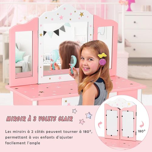 Coiffeuse Avec Tabouret Pour Enfants Avec Miroir Pliable à 3 Pans, Tiroir Et Motifs Étoiles, Rose