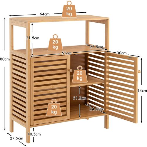 Meuble Salle De Bain En Bambou,64x27.5x80cm, Étagère Ouverte, Portes Persienne,naturel