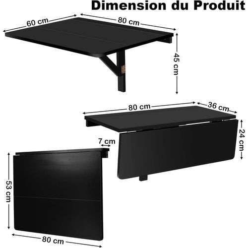 Table Murale Rabattable En Bois De Pin, Table De Cuisin Pliable 80 X 60 X 43 Cm(noir)