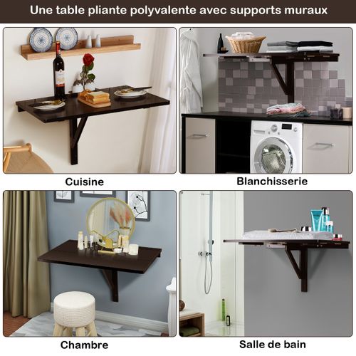 Table Pliante Cuisine/table Rabattable Murale-double Plateaux Pliable 80×60cm(l X L)-marron