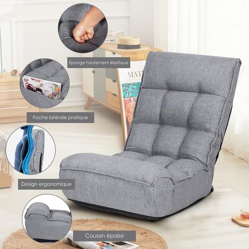 Chaise Pliable De Sol Relax - Dossier à 4 Position Réglable 90°-150° En Tissu De Lin De