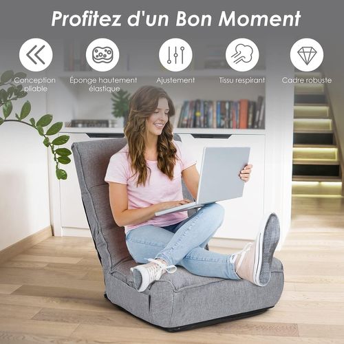 Chaise Pliable De Sol Relax - Dossier à 4 Position Réglable 90°-150° En Tissu De Lin De
