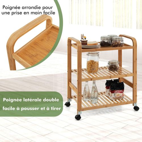 Chariot Roulant En Bambou à 3 Niveaux, Chariot De Service De Cuisine Avec Roulettes Verrouillables