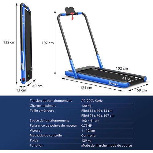 Tapis De Course Pliable 2 En 1/tapis Roulant Électrique Motorisé 1-12 Km/h Avec Application, Bleu