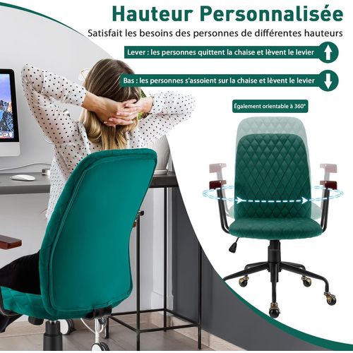 Fauteuil De Bureau à Roulette En Velours, Chaise Pivotante Réglable, Vert