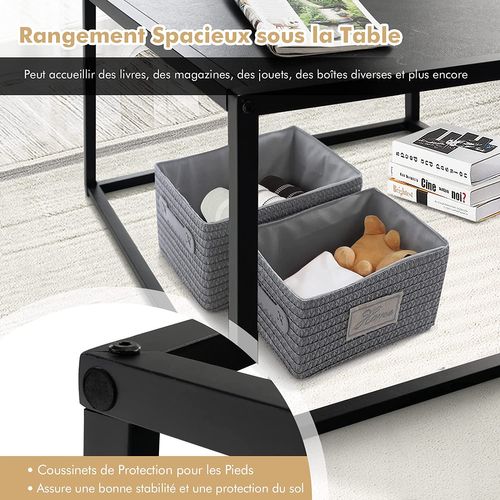 Table Basse Carrée Moderne Avec Dessus De Table En Faux Marbre Et Structure En Acier, Noir