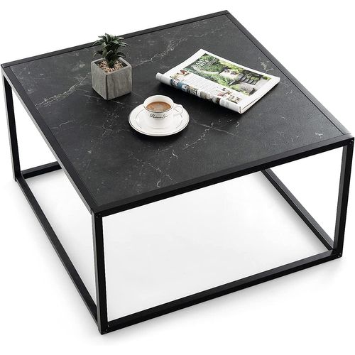 Table Basse Carrée Moderne Avec Dessus De Table En Faux Marbre Et Structure En Acier, Noir