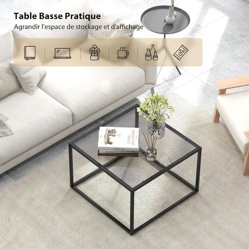 Table Basse Carrée Moderne Avec Dessus De Table En Faux Marbre Et Structure En Acier, Noir