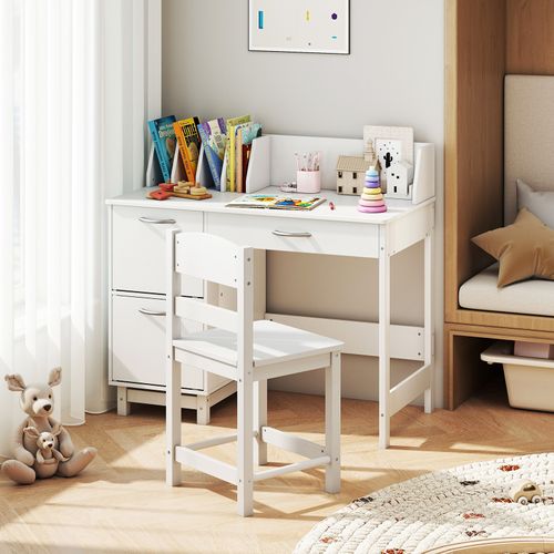 Bureau Enfants Avec Chaise Ergonomique Et Niches, Table D'étude En Bois, 90,5 X 44,5 X 81cm, Blanc