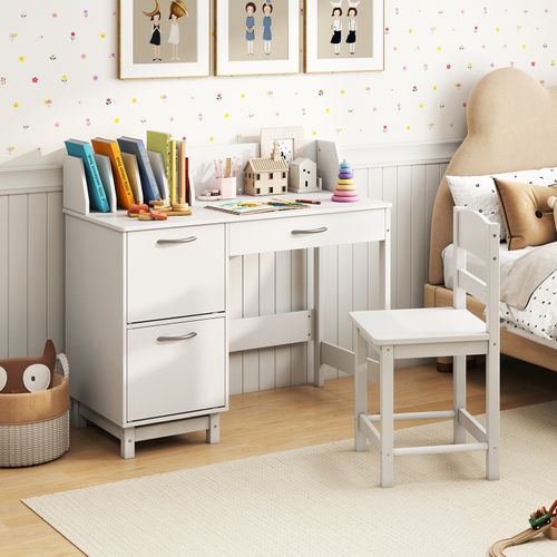 Bureau Enfants Avec Chaise Ergonomique Et Niches, Table D'étude En Bois, 90,5 X 44,5 X 81cm, Blanc