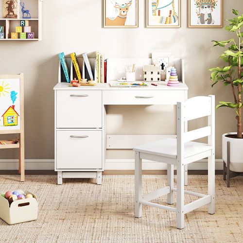 Bureau Enfants Avec Chaise Ergonomique Et Niches, Table D'étude En Bois, 90,5 X 44,5 X 81cm, Blanc