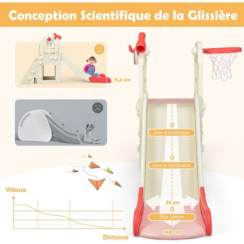 6 En 1 Toboggan Enfants Avec Glisse 140cm et Panier De Basketball, Enfants 3-8 Ans,‎‎orange