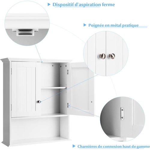Meuble De Salle De Bain, Armoire Murale Avec 2 Portes Et 3 Étagères Réglables