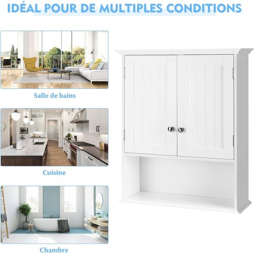 Meuble De Salle De Bain, Armoire Murale Avec 2 Portes Et 3 Étagères Réglables