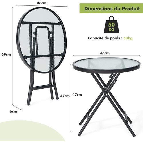 Table De Jardin Bistro Ronde Pliante, Avec Plateau En Verre Trempé, Cadre En Acier Φ46x47,5cm