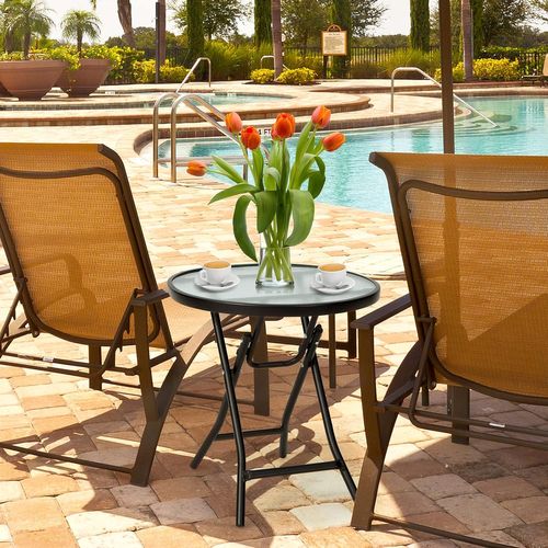 Table De Jardin Bistro Ronde Pliante, Avec Plateau En Verre Trempé, Cadre En Acier Φ46x47,5cm