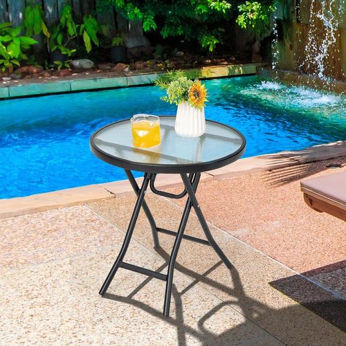 Table De Jardin Bistro Ronde Pliante, Avec Plateau En Verre Trempé, Cadre En Acier Φ46x47,5cm