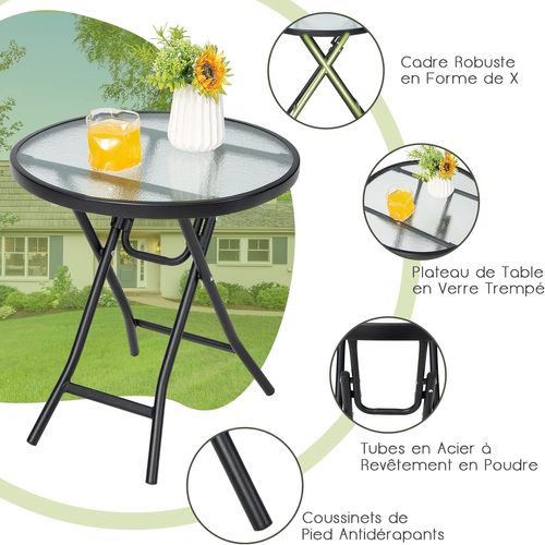 Table De Jardin Bistro Ronde Pliante, Avec Plateau En Verre Trempé, Cadre En Acier Φ46x47,5cm