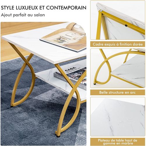 Table Basse Imprimée Marbre à 2 Niveaux 100 X 50 X 45 Cm, Coussinets De Pied Réglables